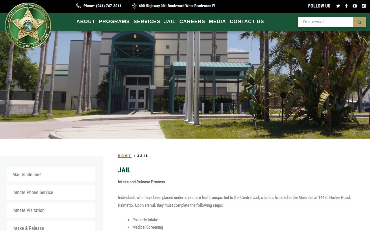 Manatee County Sheriff Central Jail information page describing booking intake