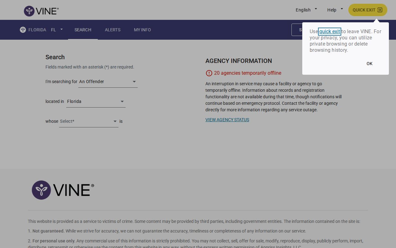 Florida VINELink person search form with name and identification options