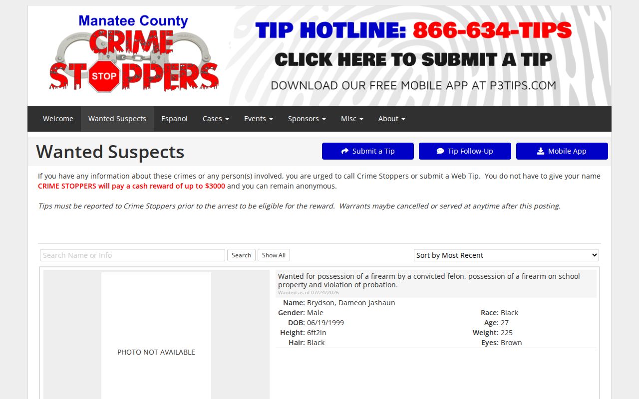 Manatee County Crime Stoppers wanted-list interface and record count