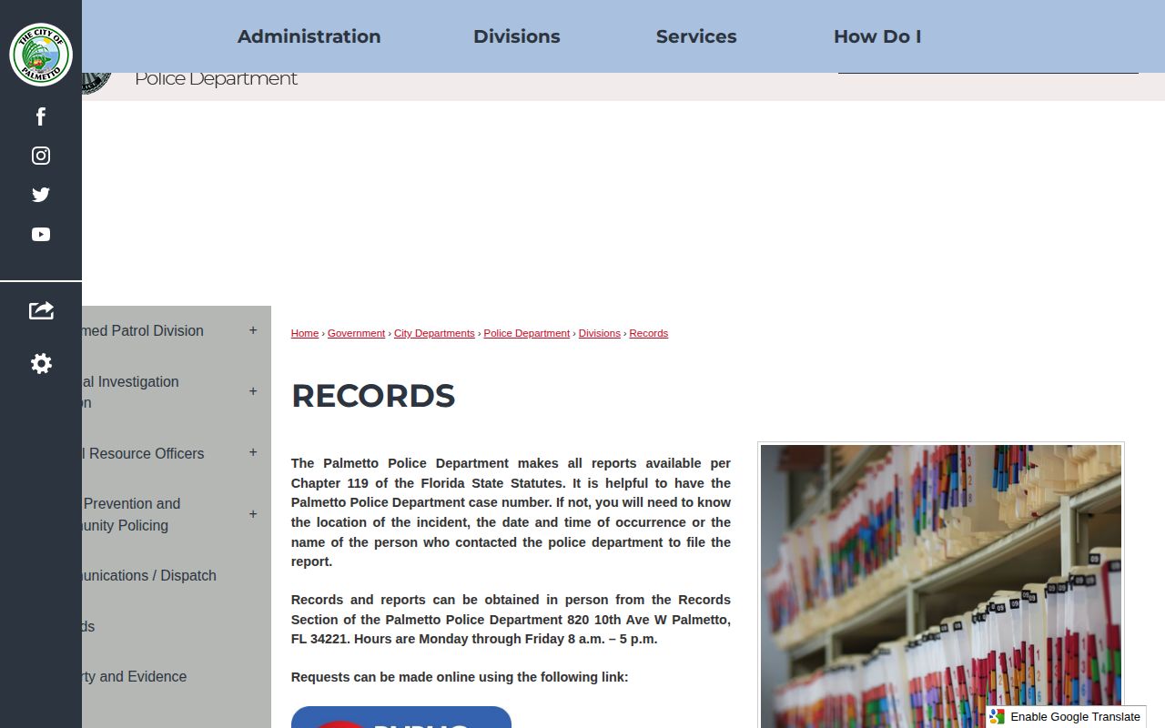 Palmetto Police Department records request and fee information