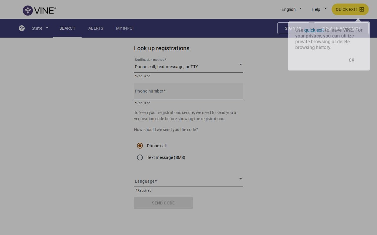 VINELink alert registration screen for phone email text and app notifications