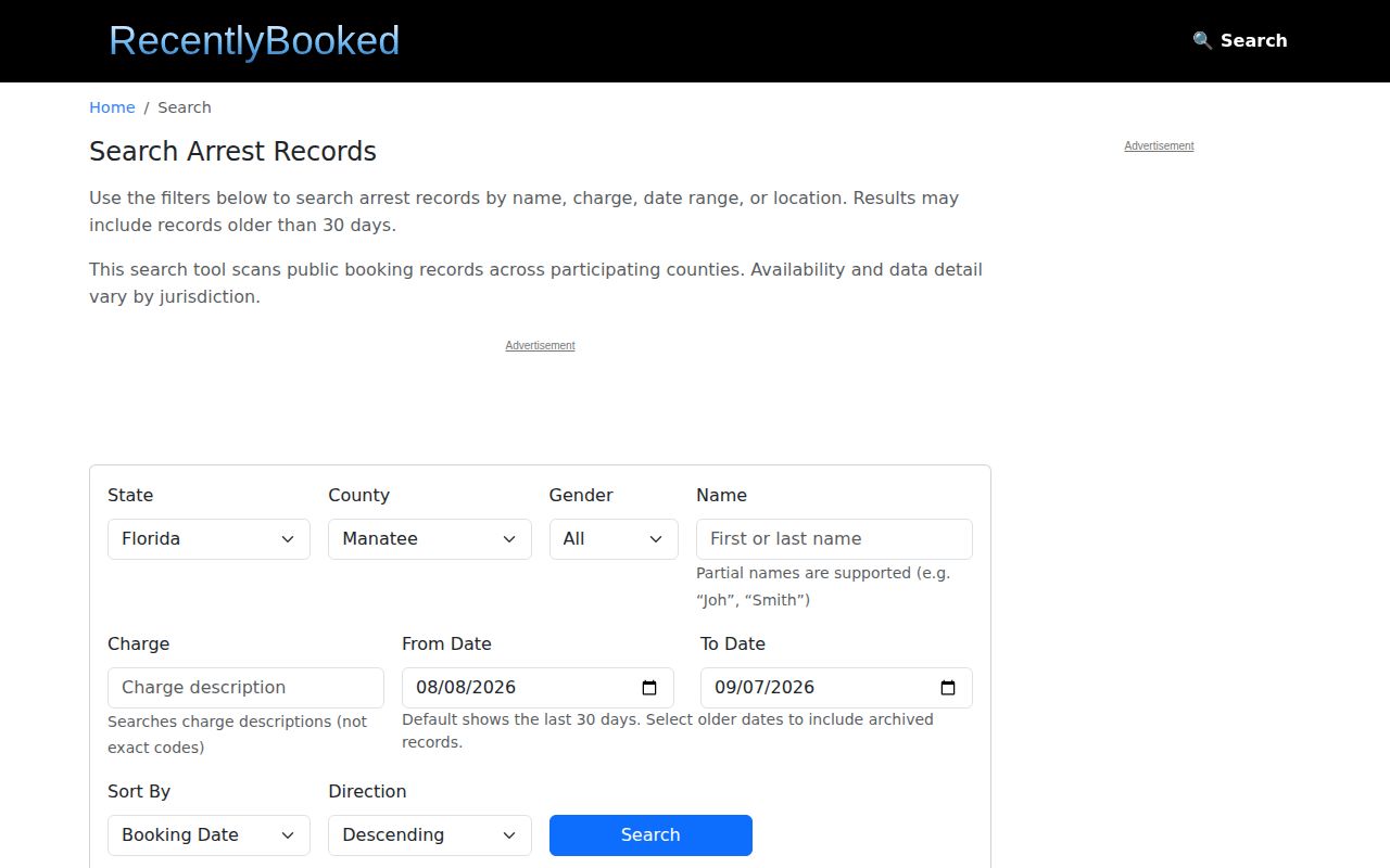 Unofficial Manatee County booking filter with name charge and date controls