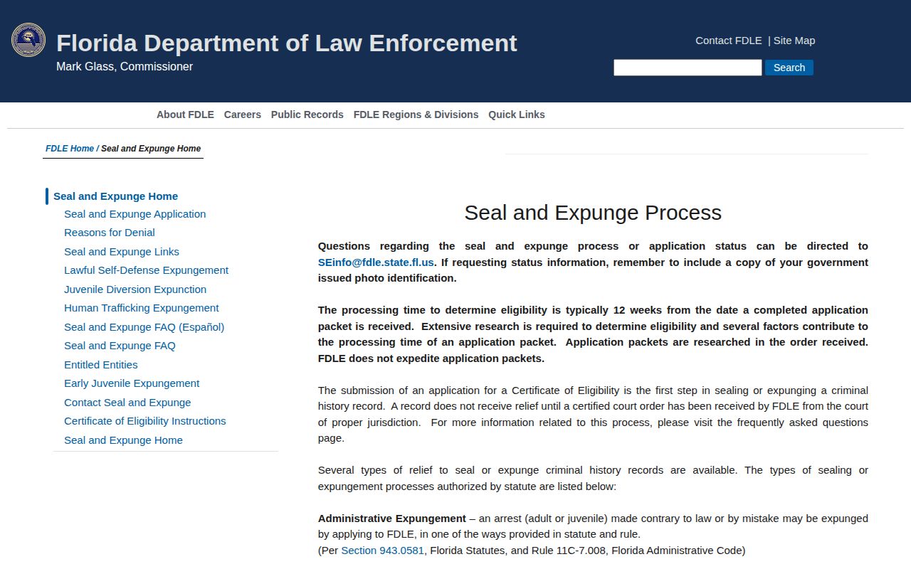 Florida FDLE seal and expunge process page explaining the certificate step